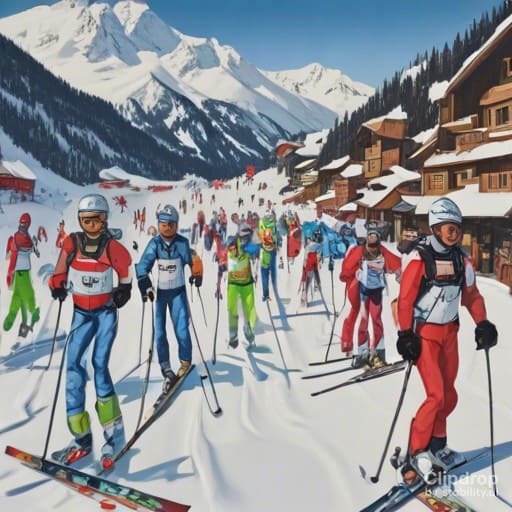 много спортсменов на лыжах, есть лыжи детей и взрослых